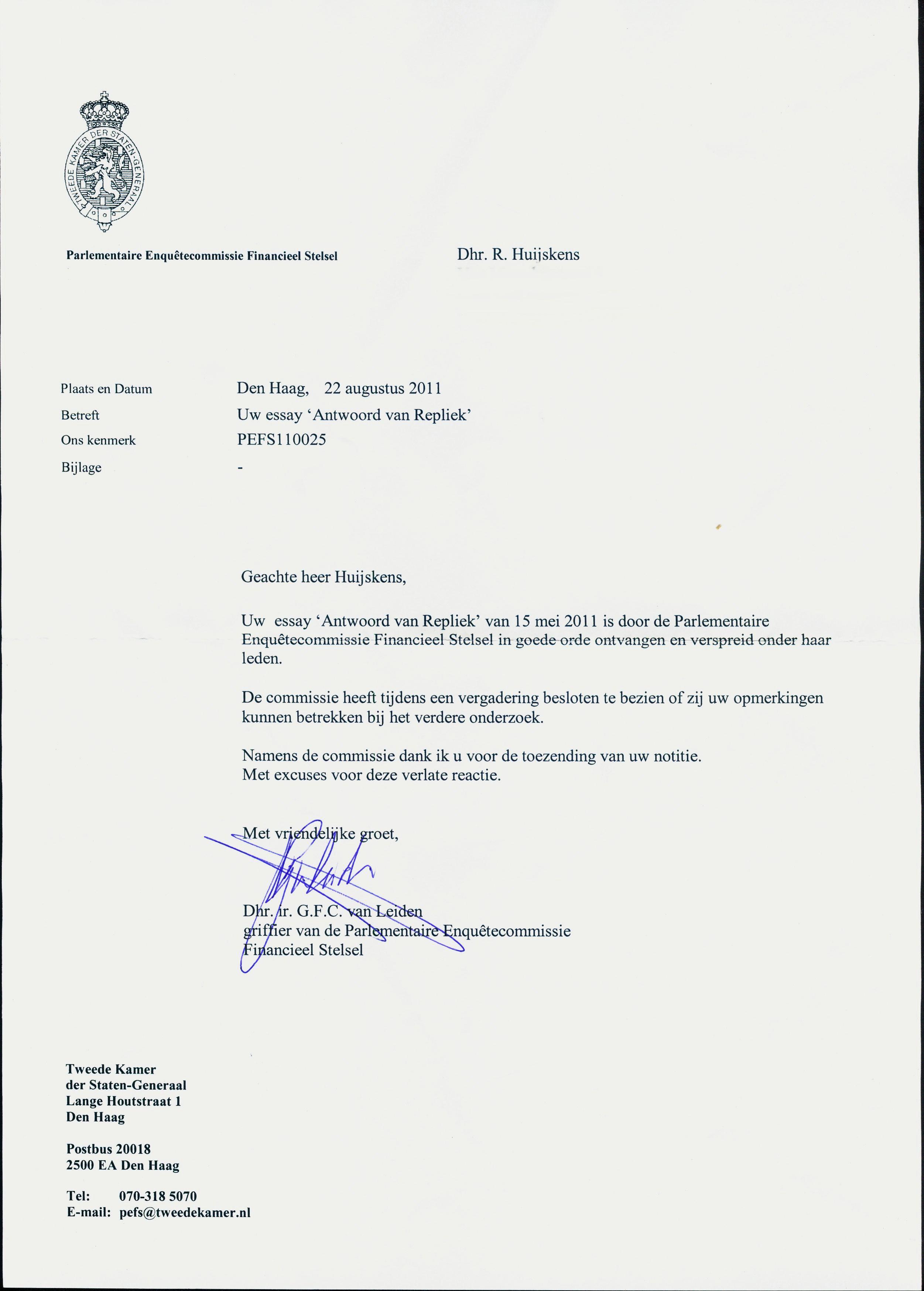 Brief Parlementaire Enqu&ecirc;tecommissie Financieel Stelsel