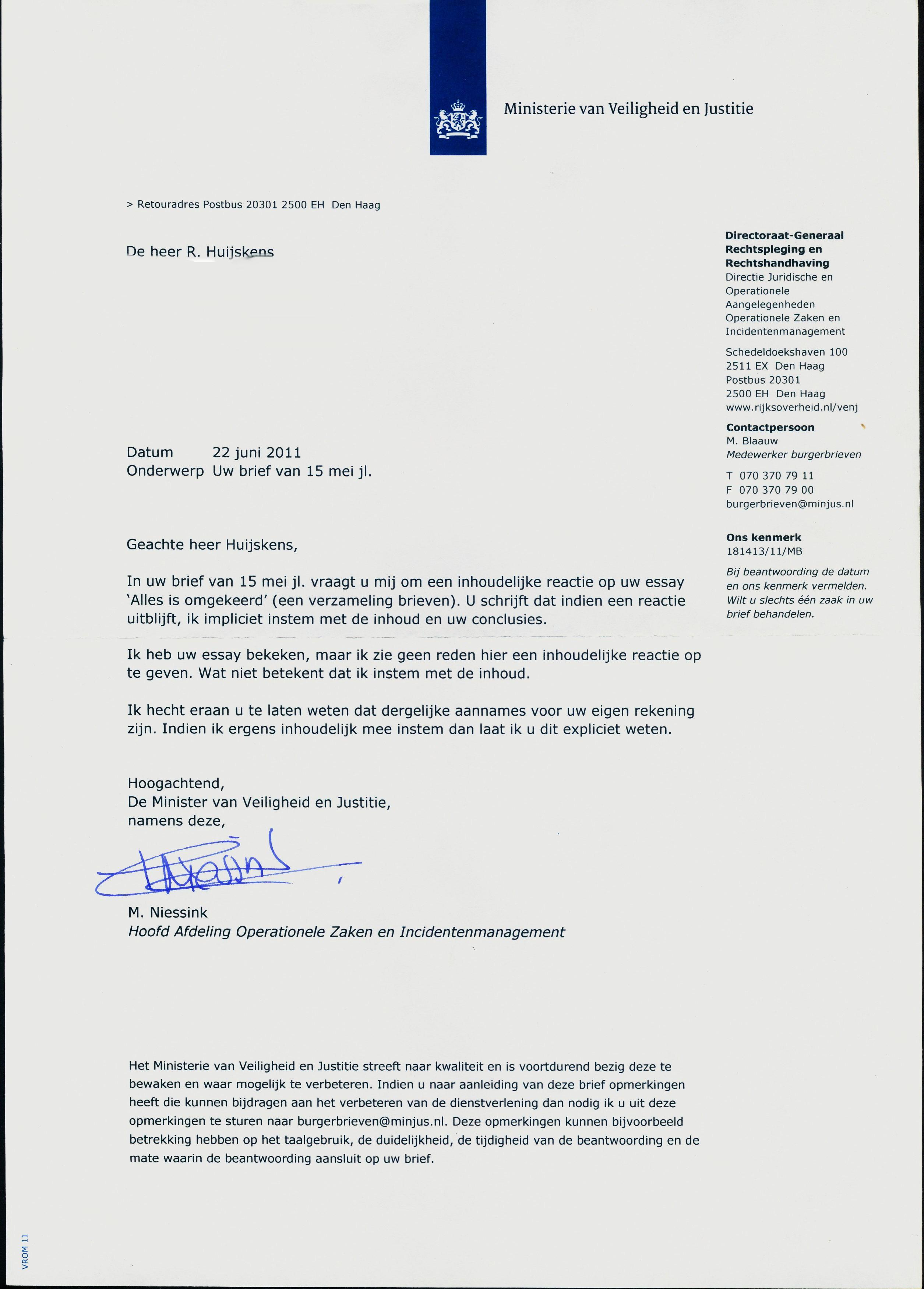 Brief van Minister Justitie en Veiligheid